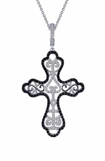 Simulated Diamond & Lab Grown Sapphire Filigree Cross Pendant Necklace