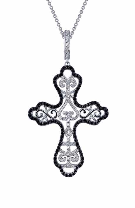 Simulated Diamond & Lab Grown Sapphire Filigree Cross Pendant Necklace