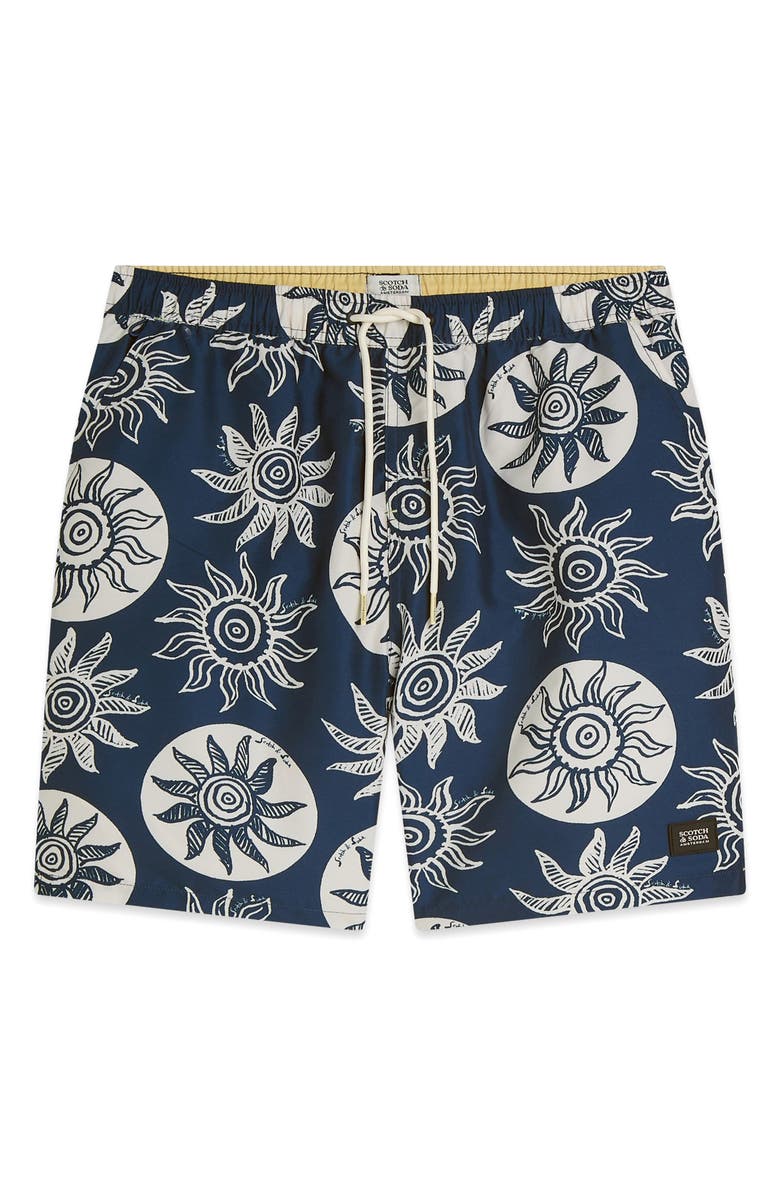 Scotch & Soda Print Swim Trunks, Alternate, color, Suns Captains Blue