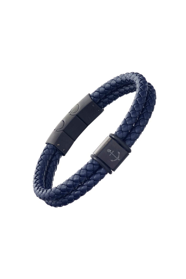 Braided Leather Bracelet with Stainless Steel Anchor Detail, Main, color, Navy