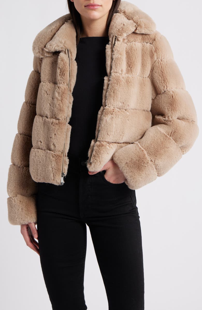 BCBG Max Azria Groove Quilted Faux Fur Coat, Alternate, color, Hazelnut