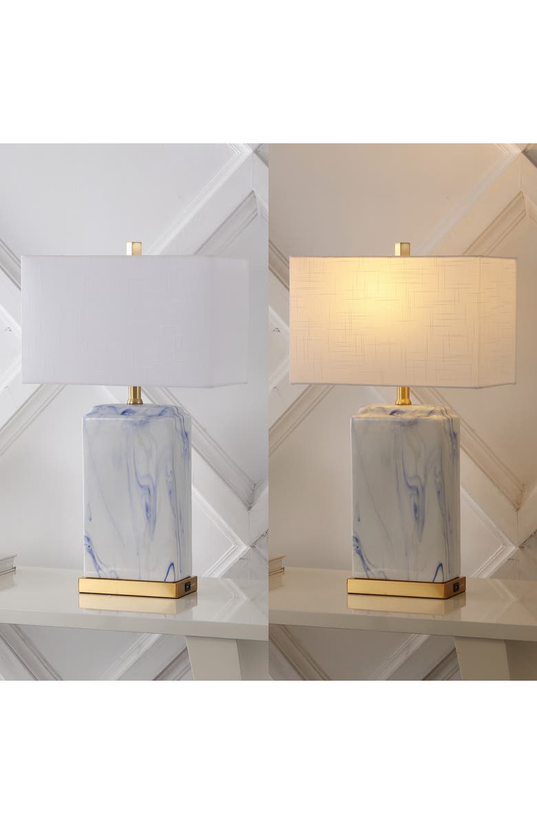JONATHAN Y Chloe 24.5" Modern Coastal Iron/Marbled Ceramic LED Table Lamp with USB Charging Port, Blue/White, Alternate, color, Blue/White