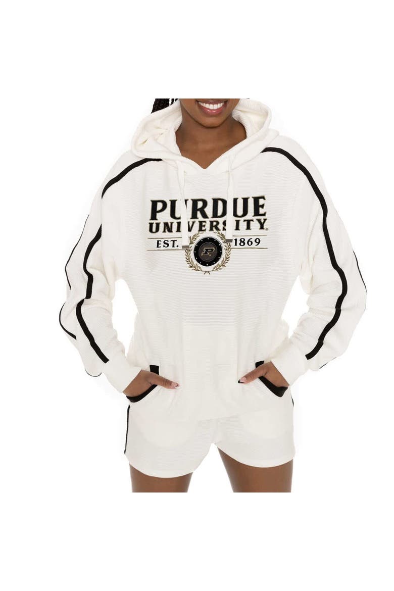 Women's Gameday Couture Cream Purdue Boilermakers Down, Set, Go Pullover Hoodie and Shorts Set, Alternate, color, Cream
