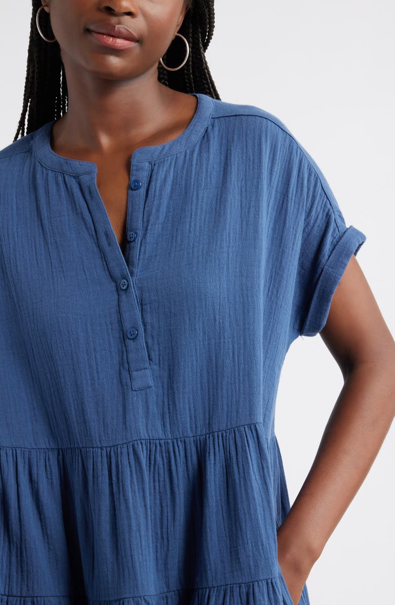 Caslon<sup>®</sup> Cotton Gauze Tiered Popover Dress, Alternate, color, Navy Denim