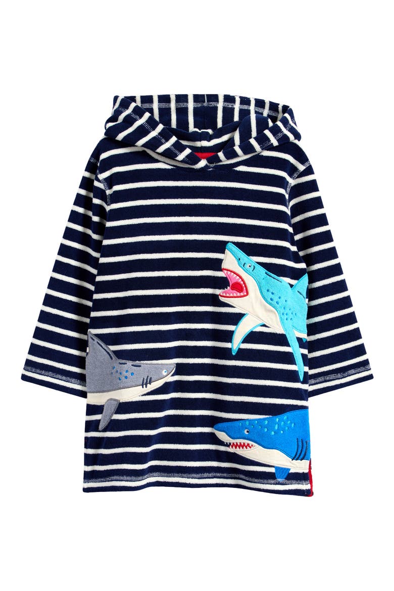 Kids' Shark Appliqué Stripe Swim Cover-Up Top, Main, color, COLLEGE NAVY SHARKS