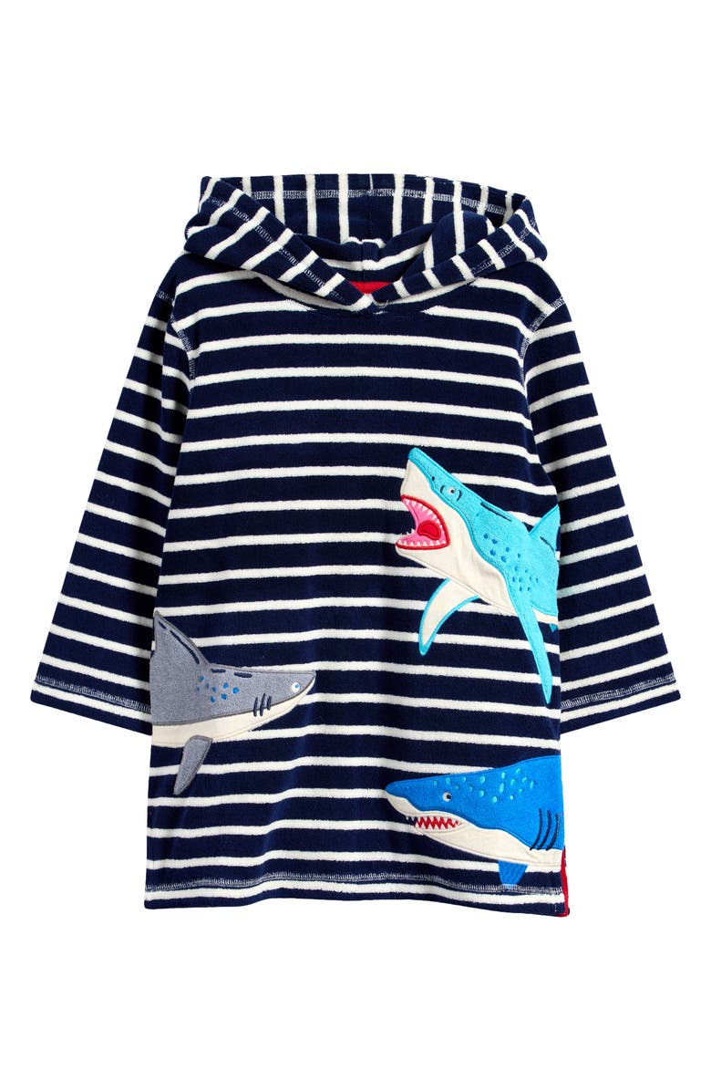 Mini Boden Kids' Shark Appliqué Stripe Swim Cover-Up Top, Main, color, College Navy Sharks