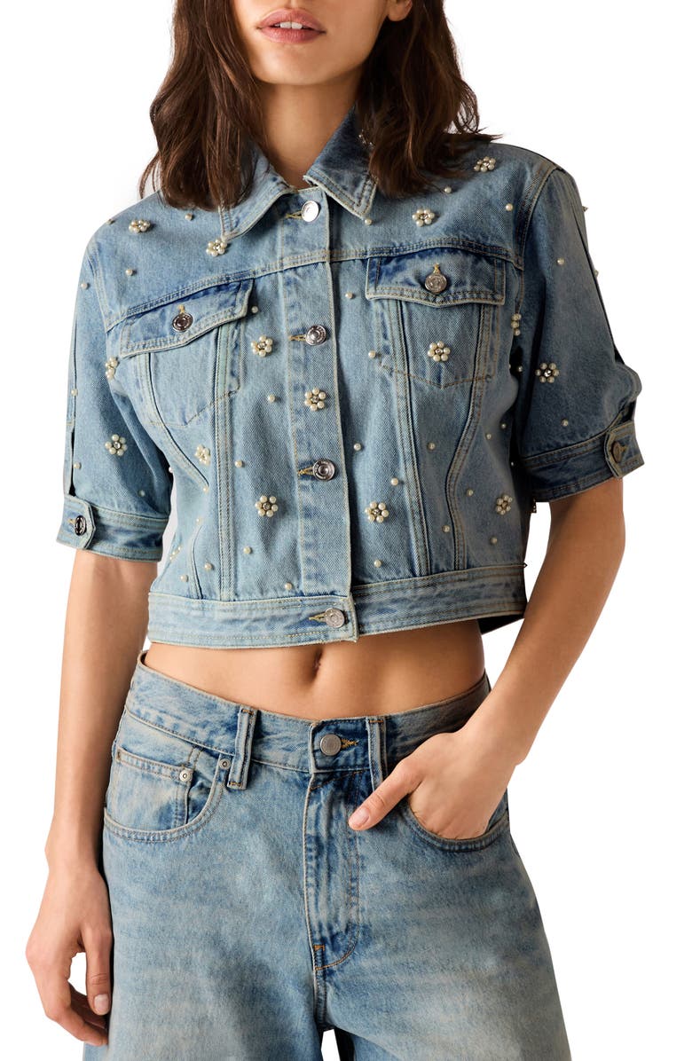 Steve Madden Blu Faux Pearl Detail Short Sleeve Denim Jacket, Main, color, Coastal Buffalo