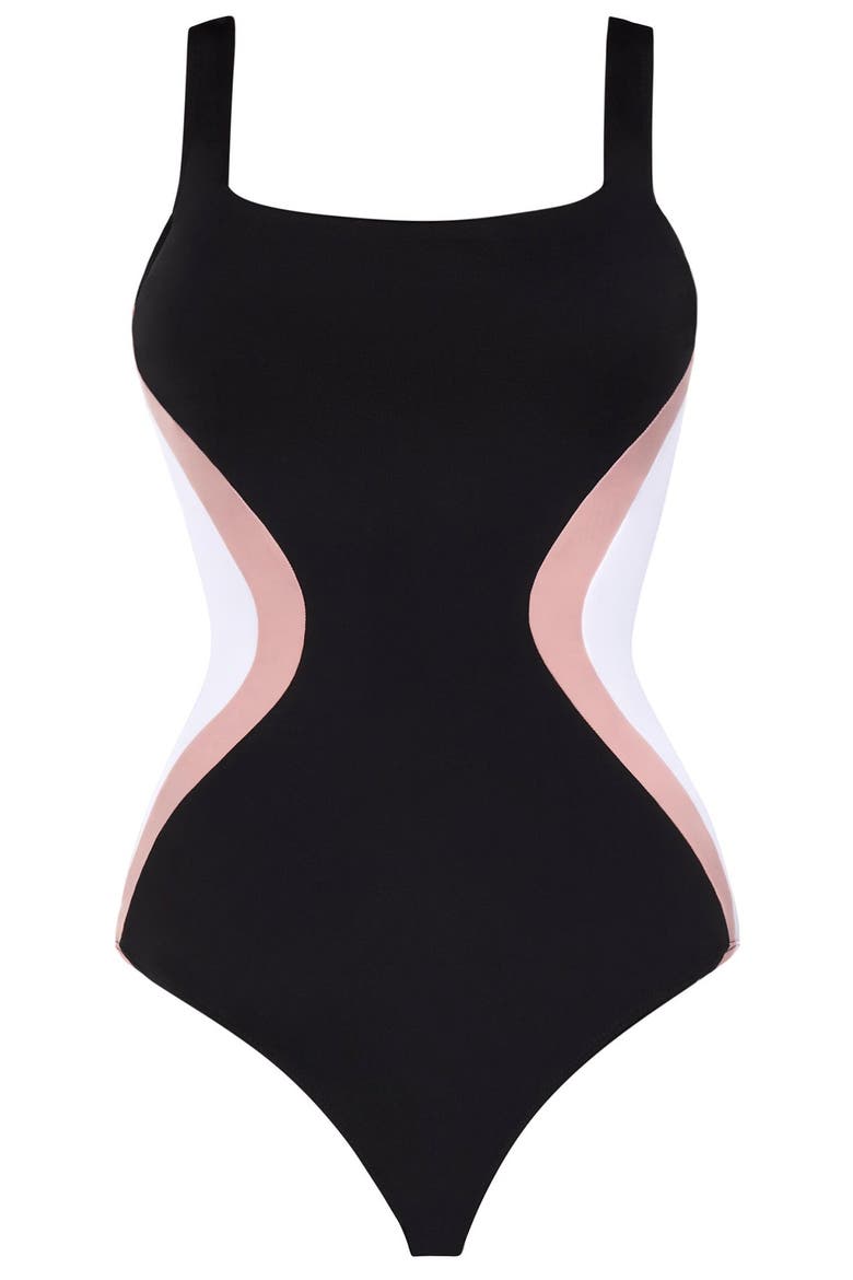 Mega Sculpting Square Neck One Piece Swimsuit, Alternate, color, Contour Black/Rose/White