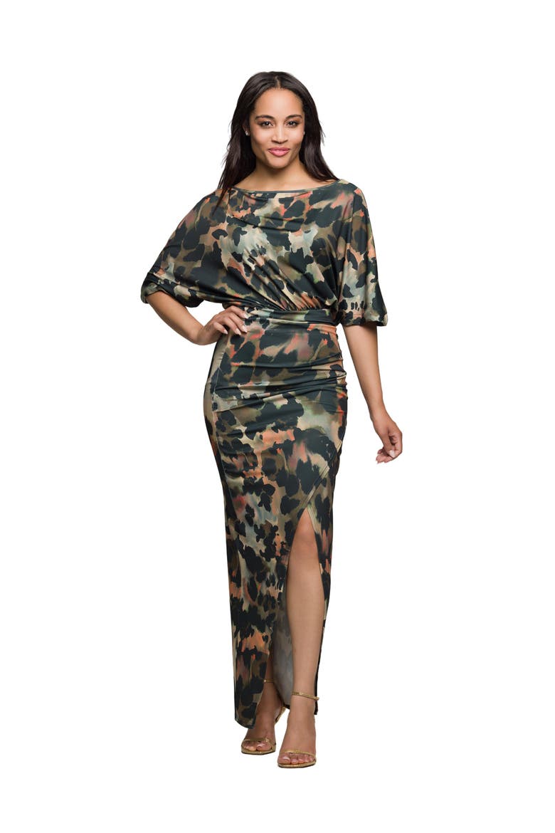 Abstract Print Batwing Sleeve Maxi Dress with Slit, Main, color, Green Multi