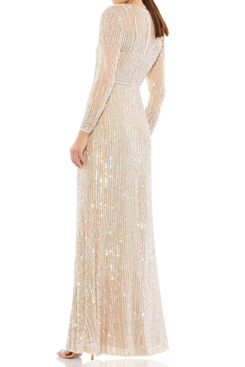 Sequin Stripe Long Sleeve Tulle Gown, Alternate, color, ROSE GOLD