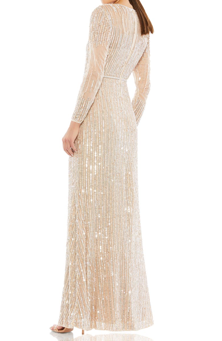 Mac Duggal Sequin Stripe Long Sleeve Tulle Gown, Alternate, color,