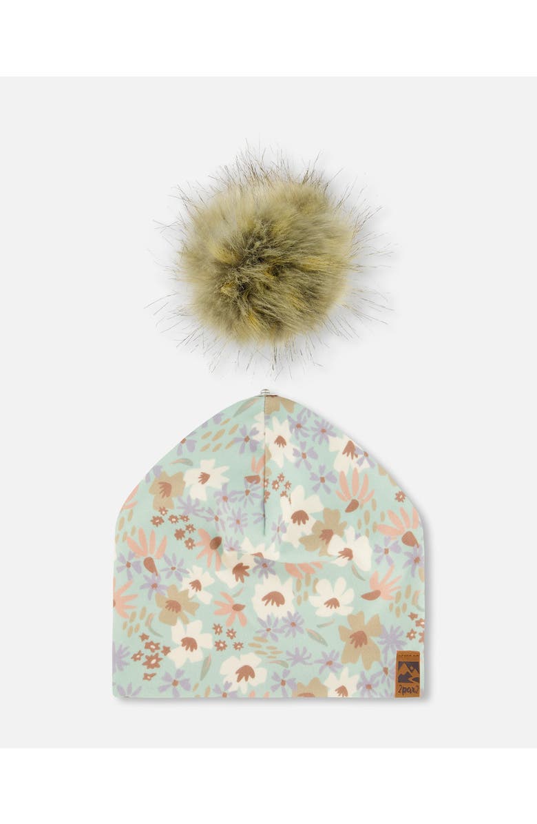 Deux par Deux Girl's Printed Jersey Detachable Pompom Hat Small White Flowers On Turquoise And Lilac, Alternate, color, 