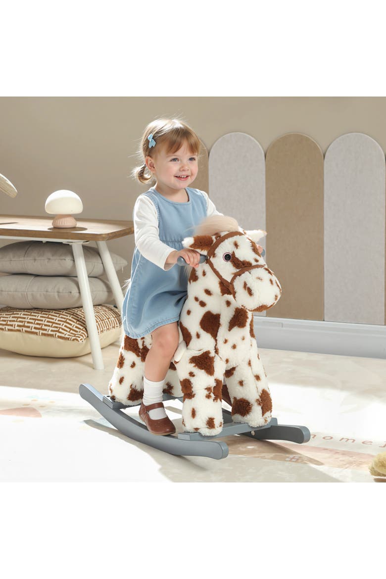 Kids Rocking Horse Animal Rocker with Rabbit Toy and Realistic Sound for Toddlers Soft Filling Ride on Pony, Alternate, color, Brown