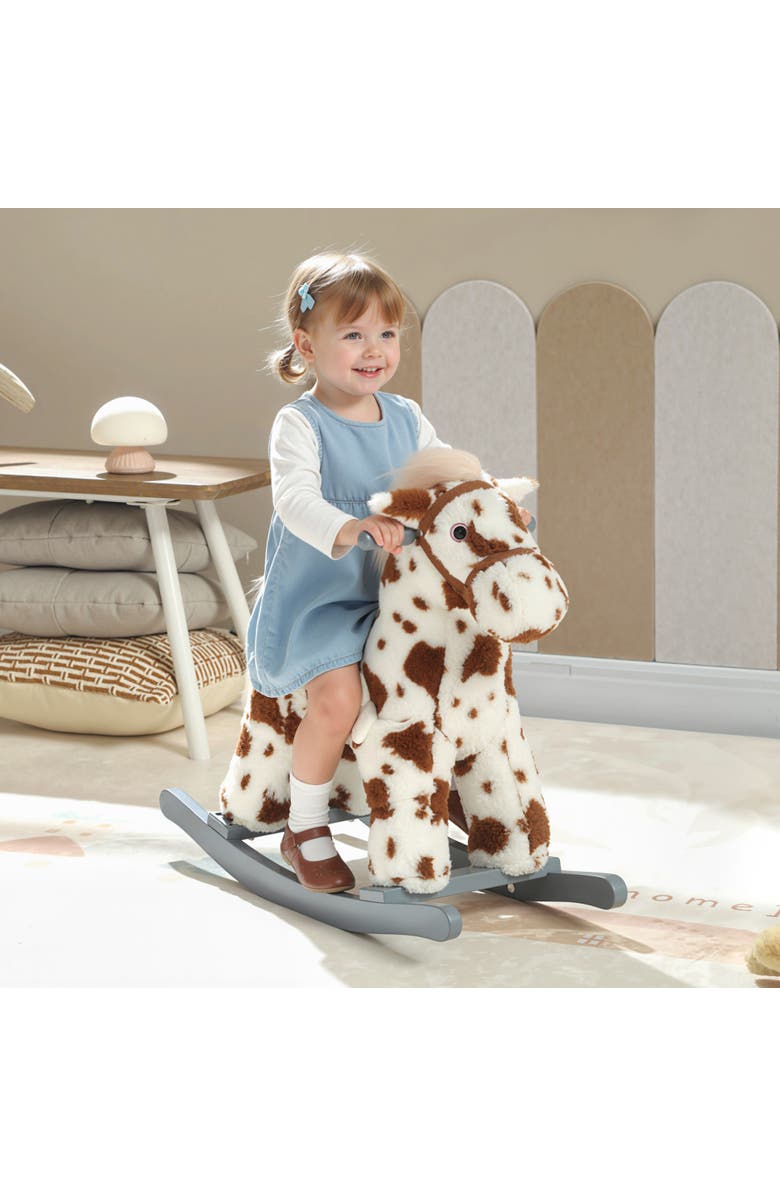 Qaba Kids Rocking Horse Animal Rocker with Rabbit Toy and Realistic Sound for Toddlers Soft Filling Ride on Pony, Alternate, color, Brown