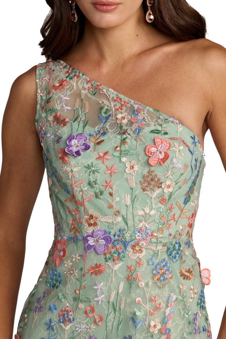 One Shoulder Lace Embroidered Gown, Alternate, color, Sage Multi