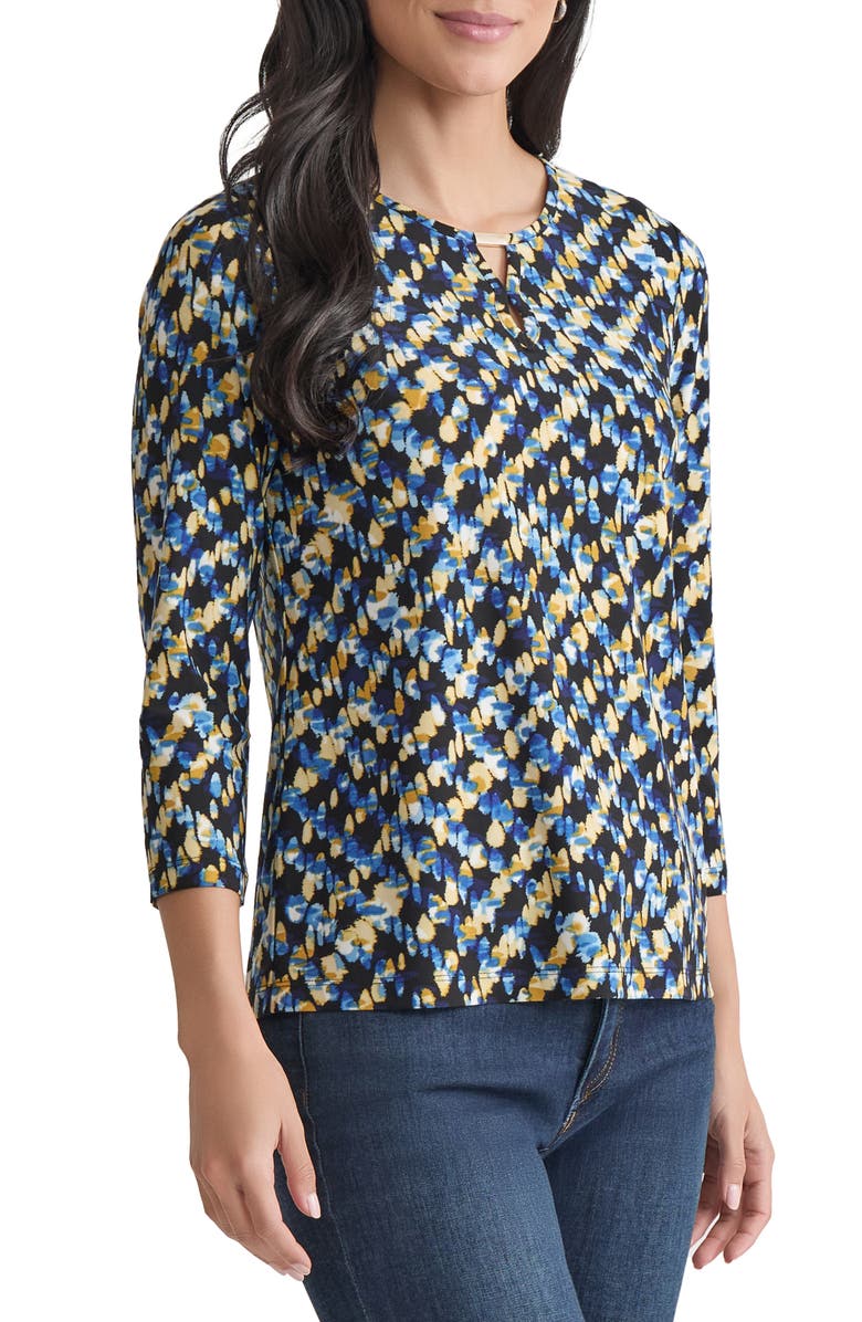 Jones New York Abstract Keyhole Three-Quarter Sleeve Crepe Top, Alternate, color, Jones Black Multi