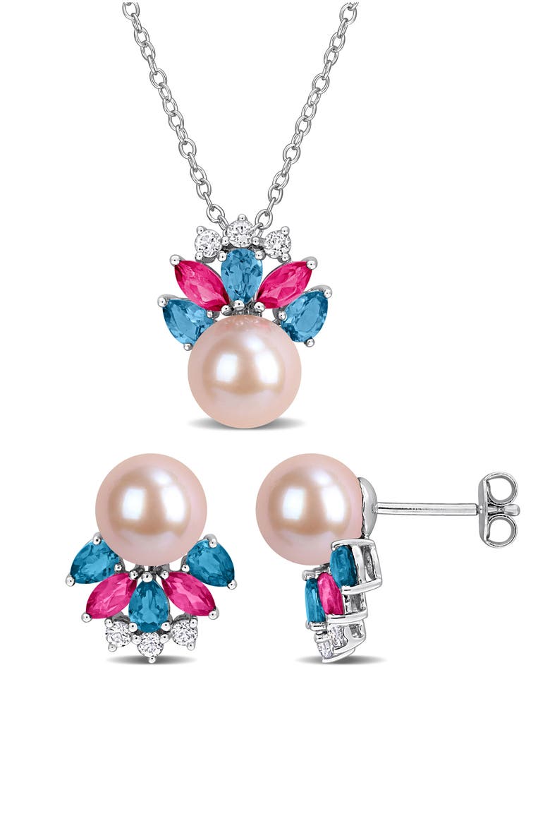 8-8.5mm Cultured Freshwater Pearl & Gemstone Cluster Earrings & Necklace Set, Main, color, PINK/ BLUE/ SILVER MULTI