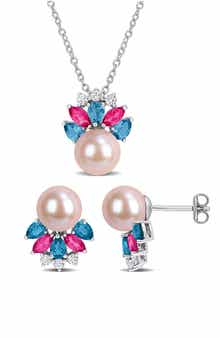8-8.5mm Cultured Freshwater Pearl & Gemstone Cluster Earrings & Necklace Set
