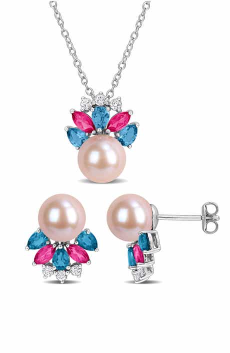 DELMAR 8-8.5mm Cultured Freshwater Pearl & Gemstone Cluster Earrings & Necklace Set