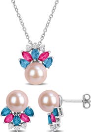 DELMAR 8-8.5mm Cultured Freshwater Pearl & Gemstone Cluster Earrings & Necklace Set