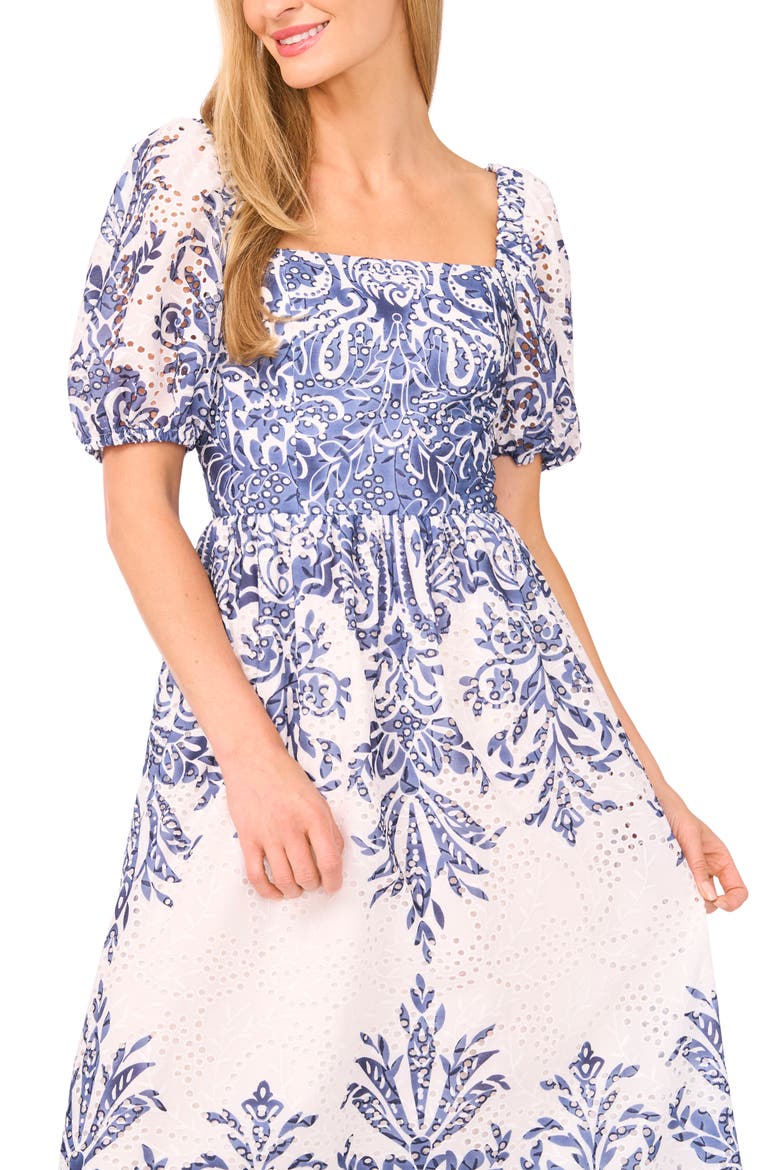 Print Eyelet Puff Sleeve Midi Dress, Alternate, color, CLASSIC NAVY