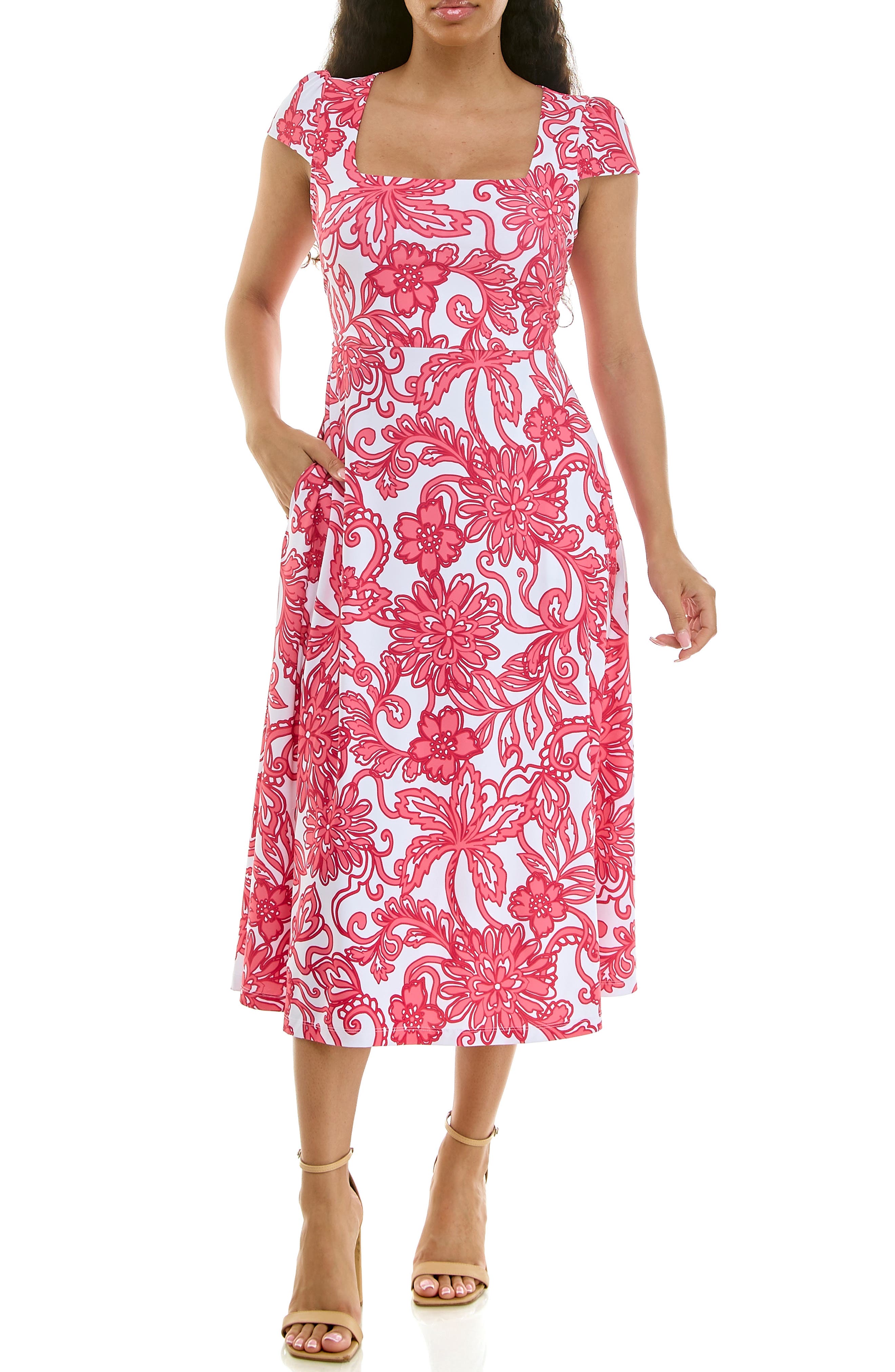 Nina Leonard Floral Cap Sleeve Fit & Flare Dress