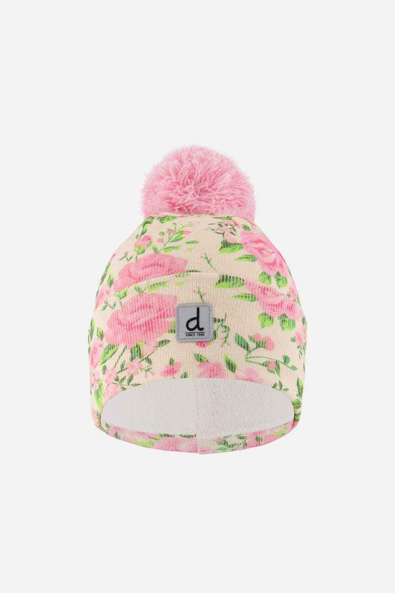 Vintage Rose Fleece-Lined Knit Hat with Pompom, Main, color, Beige Vintage Rose Print