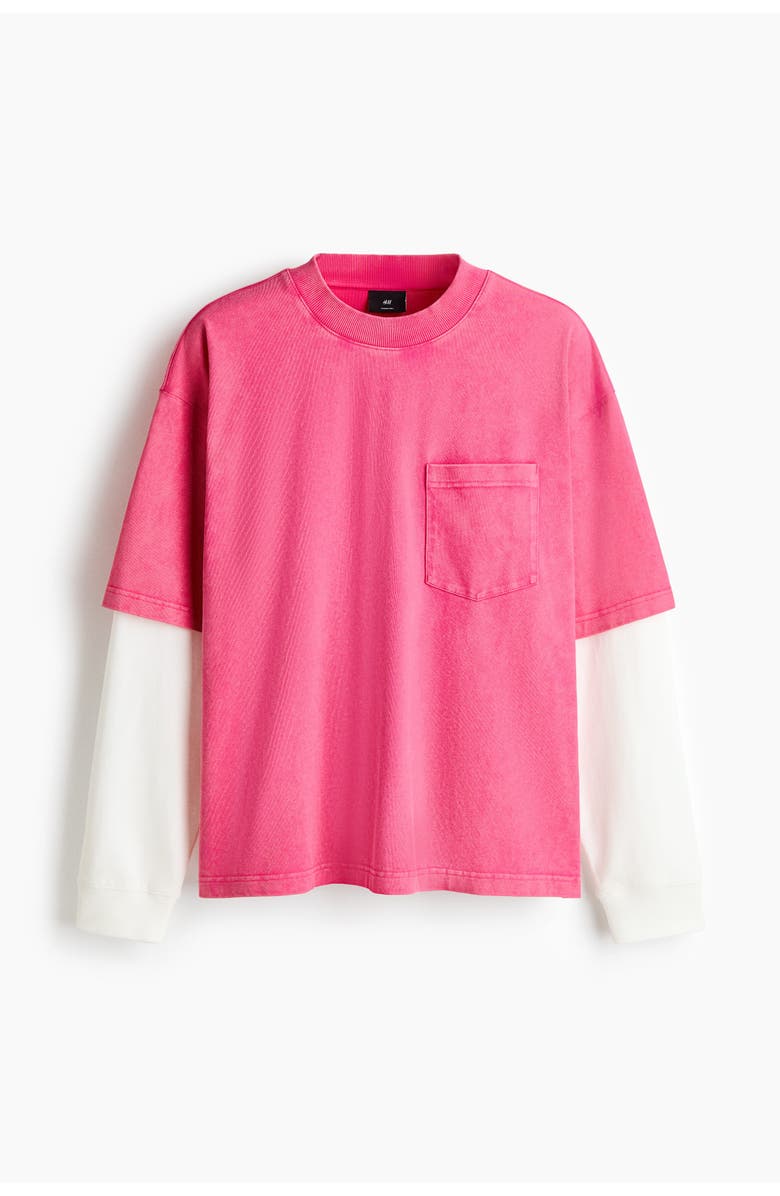 H&M Oversized layered cotton shirt, Alternate, color, Bright Pink/Color Block