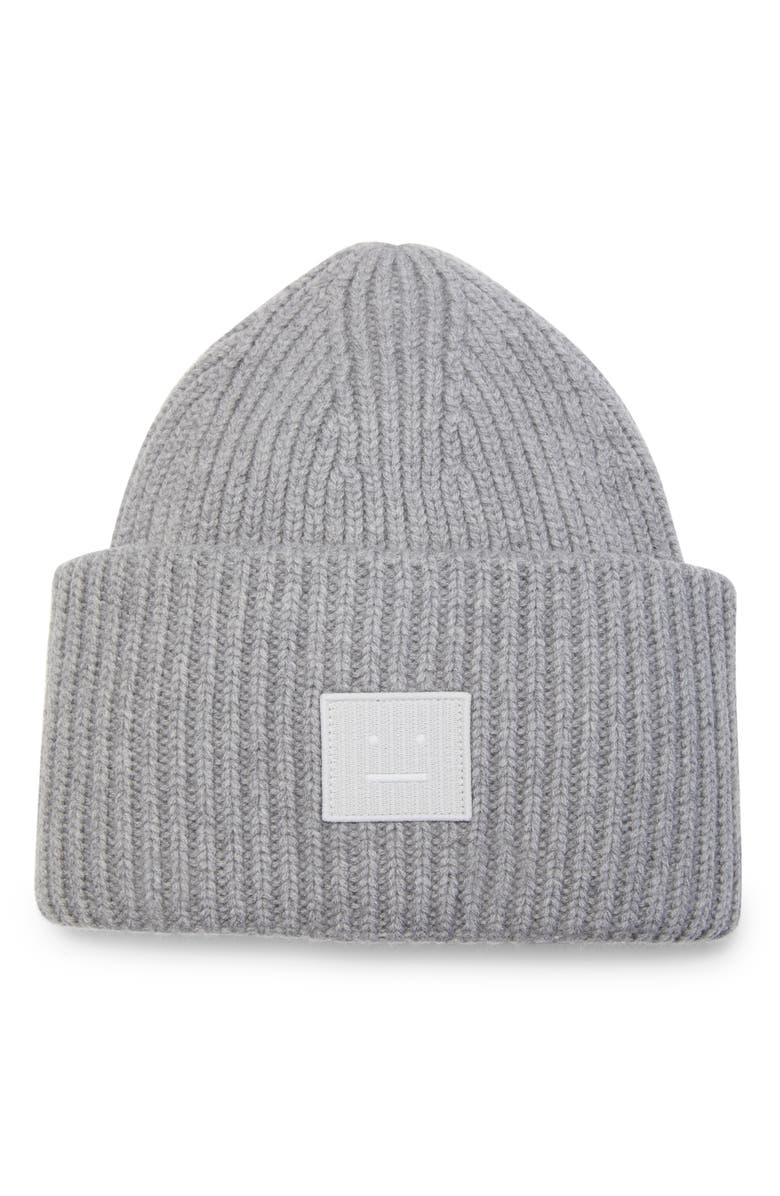 Acne Studios Pansy Face Patch Rib Wool Beanie, Main, color, Grey Melange