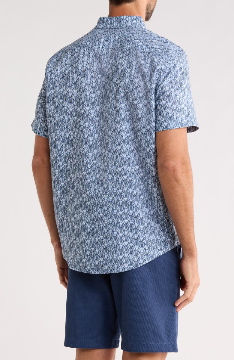 Original Penguin Wave Print Short Sleeve Linen & Cotton Blend Button-Down Shirt, Alternate, color, Copen Blue