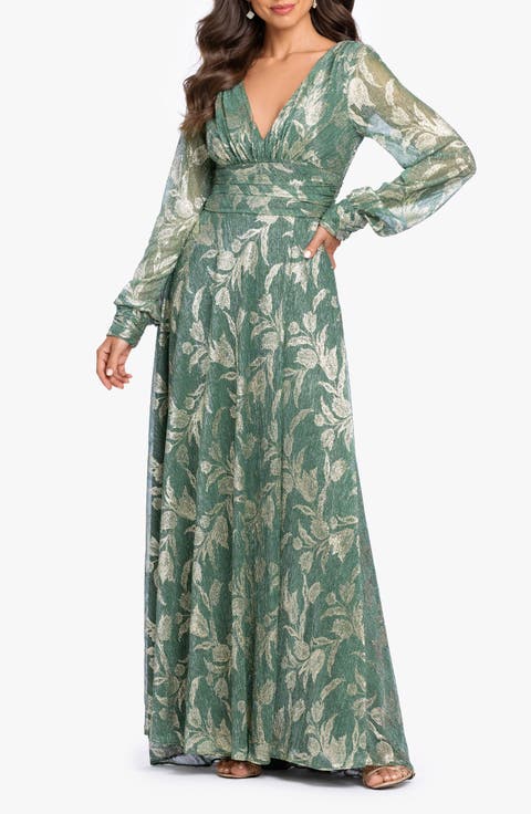 Metallic Floral Long Sleeve Crinkle Mesh Gown