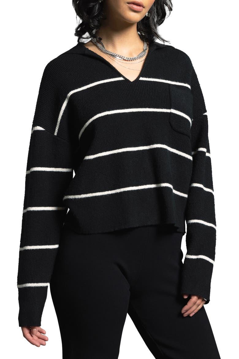 Cressida Stripe Johnny Collar Sweater, Main, color, BLACK IVORY STRIPE