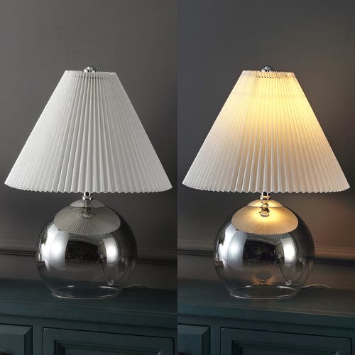 Jonathan Y Louisa 22.5" Mid-century Modern Round Glass/iron Pleated Shade Led Table Lamp, Smoke Gradient/chrome In Smoke Gradient/chrome