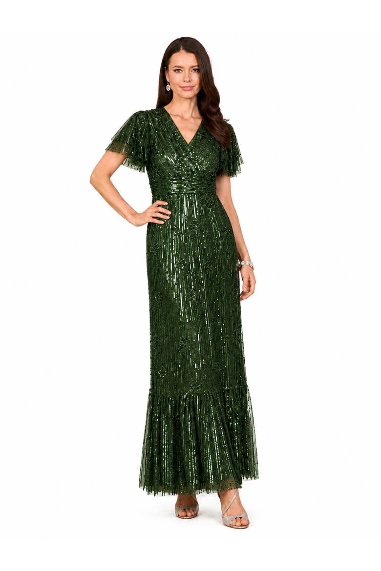Elegant Beaded Gown with Flutter Sleeves, Main, color, Emerald