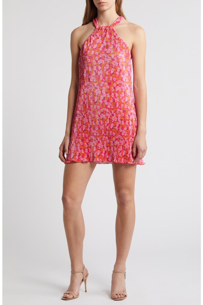 Melody Halter Neck Plissé Minidress, Main, color, HOT PINK