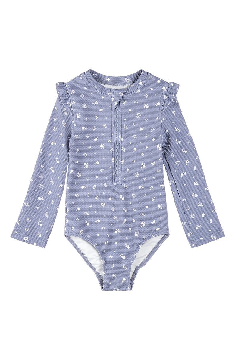 Petit Lem Kids' Wildflower Print Long Sleeve One-Piece Swimsuit, Main, color, Dusty Blue