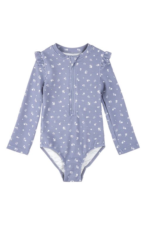 Firsts By Petit Lem Wildflower Print Ruffle One-piece Rashguard Swimsuit In Dusty Blue