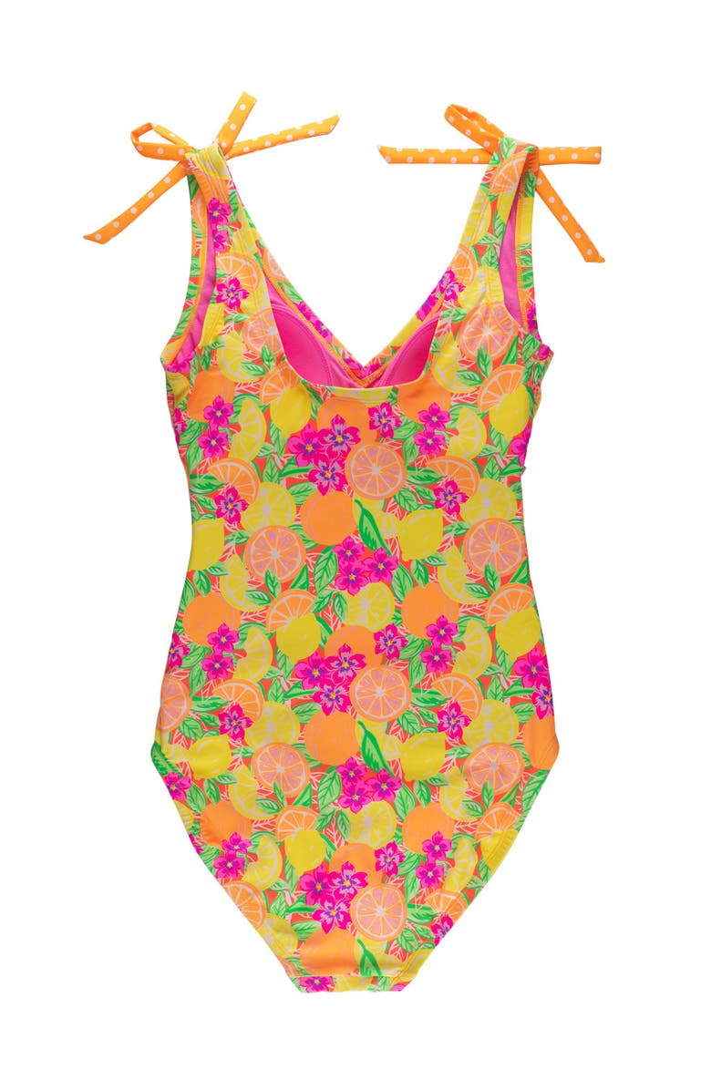 RuffleButts UPF50+ Women's Bow V-Neck One Piece Swimsuit, Alternate, color, Neon Squeeze The Day