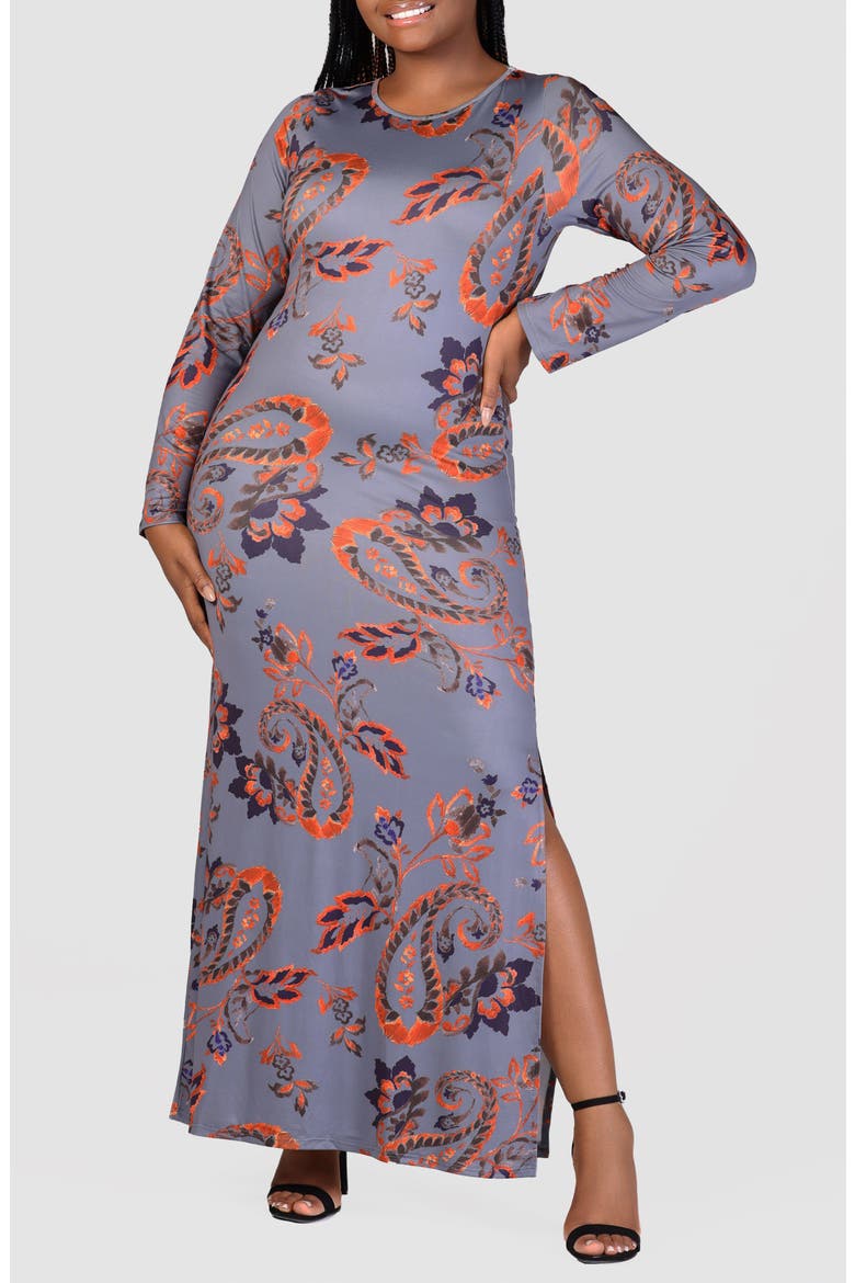 Paisley Print Long Sleeve Maxi Dress, Main, color, ORANGE MULTI