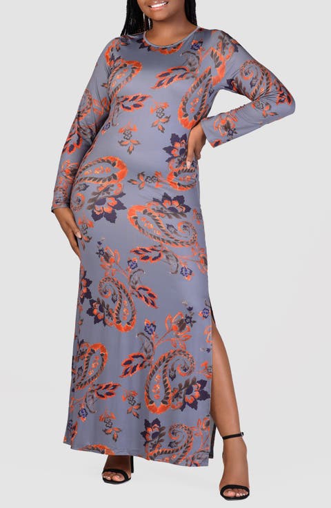 Paisley Print Long Sleeve Maxi Dress