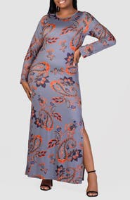 24seven Comfort Apparel Paisley Print Long Sleeve Maxi Dress