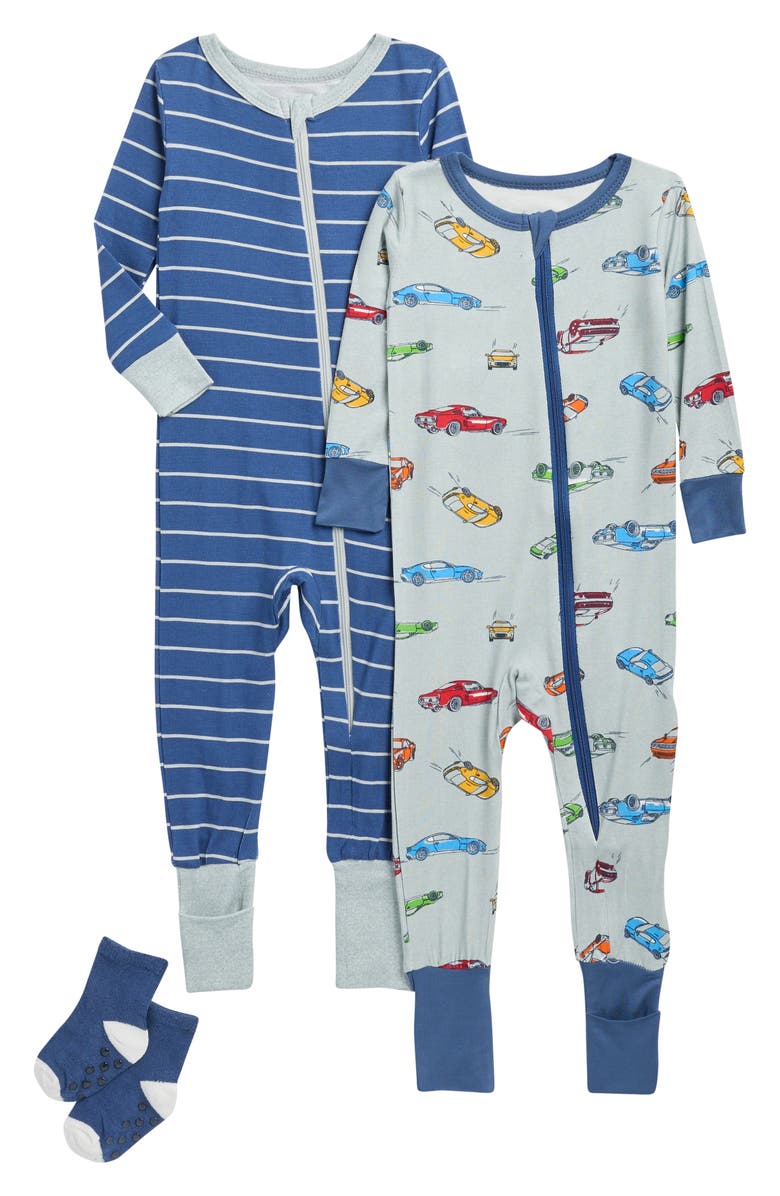 SLEEP ON IT 2-Pack Cars Print Stretch Viscose Convertible Coverall with Socks, Main, color, Grey