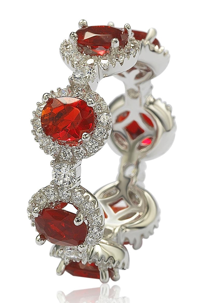 Sterling Silver Prong Set Red CZ & Pave Halo Station Eternity Band Ring, Main, color, RED