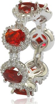 SUZY LEVIAN Sterling Silver Prong Set Red CZ & Pave Halo Station Eternity Band Ring