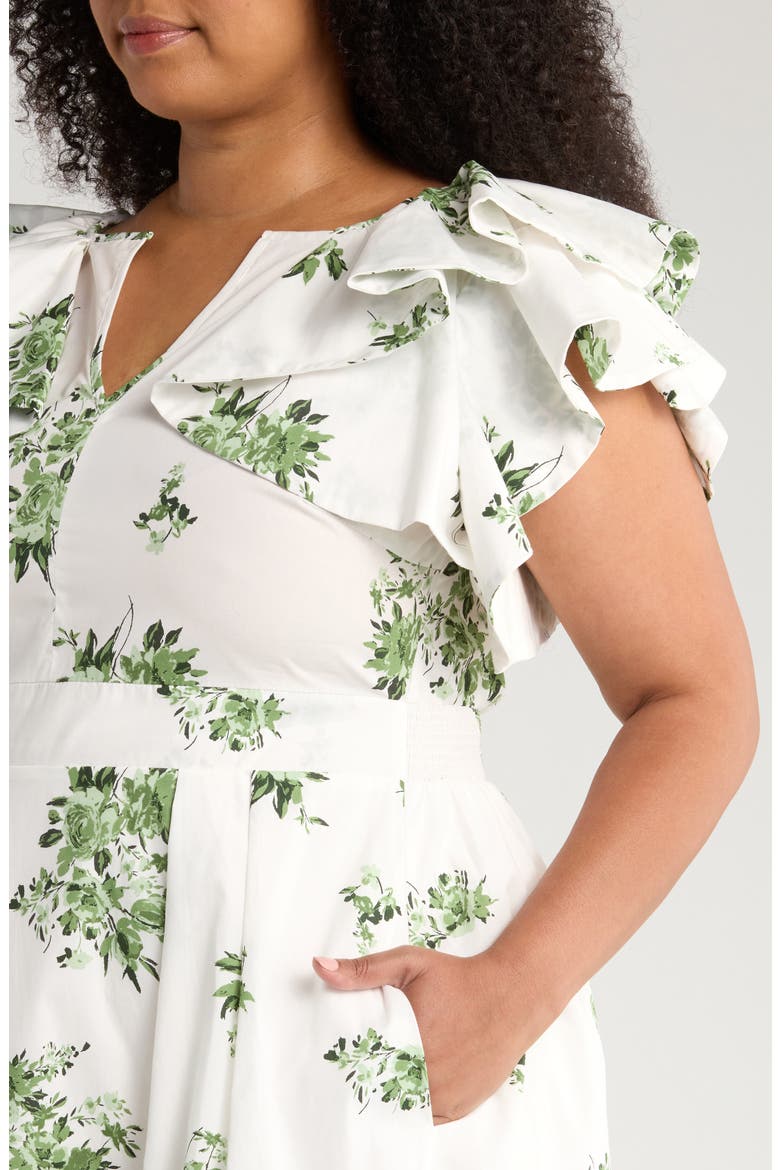Ria Floral Santana Tie Back Cotton Midi Dress, Alternate, color, WHITE/ SAGE/ EMERALD