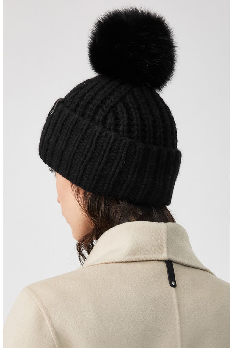 Cashmere & Wool Beanie with Genuine Fox Fur Pom, Alternate, color, BLACK