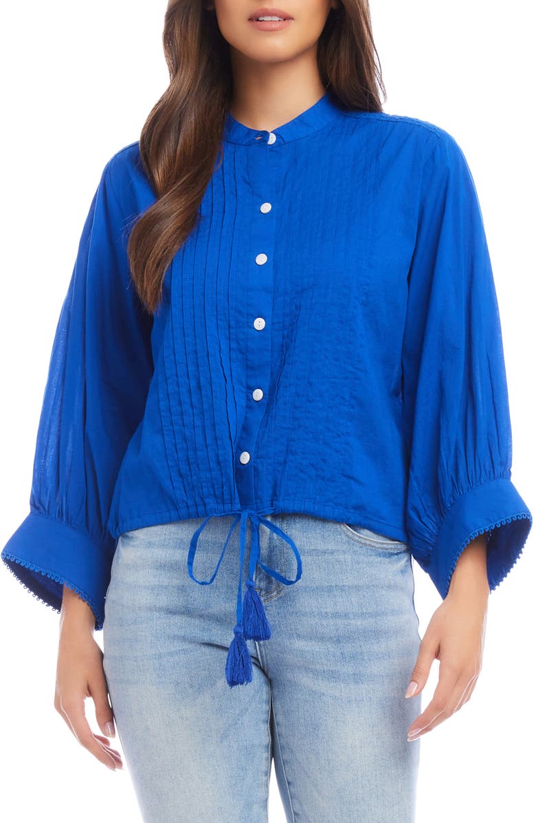 Karen Kane Pintuck Pleat Cotton Button-Up Top, Main, color, Blue