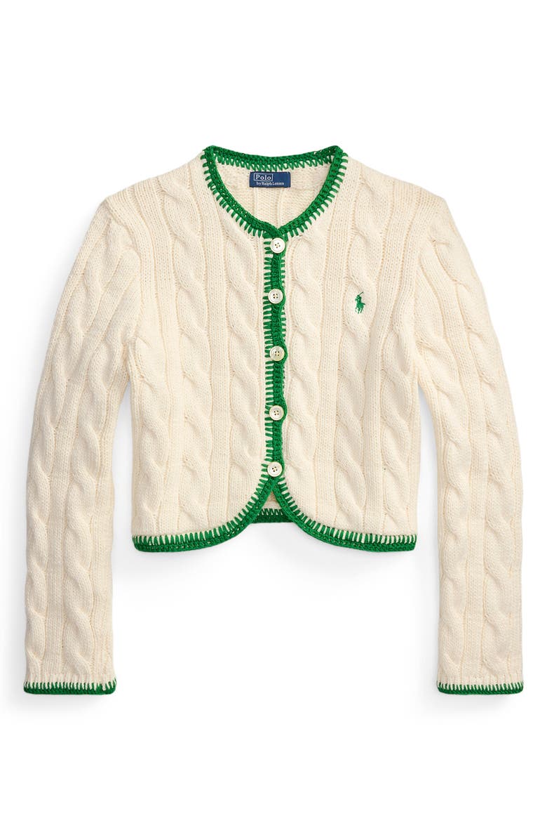 Polo Ralph Lauren Whipstitch Trim Cable Stitch Cardigan, Alternate, color, Cricket Cream