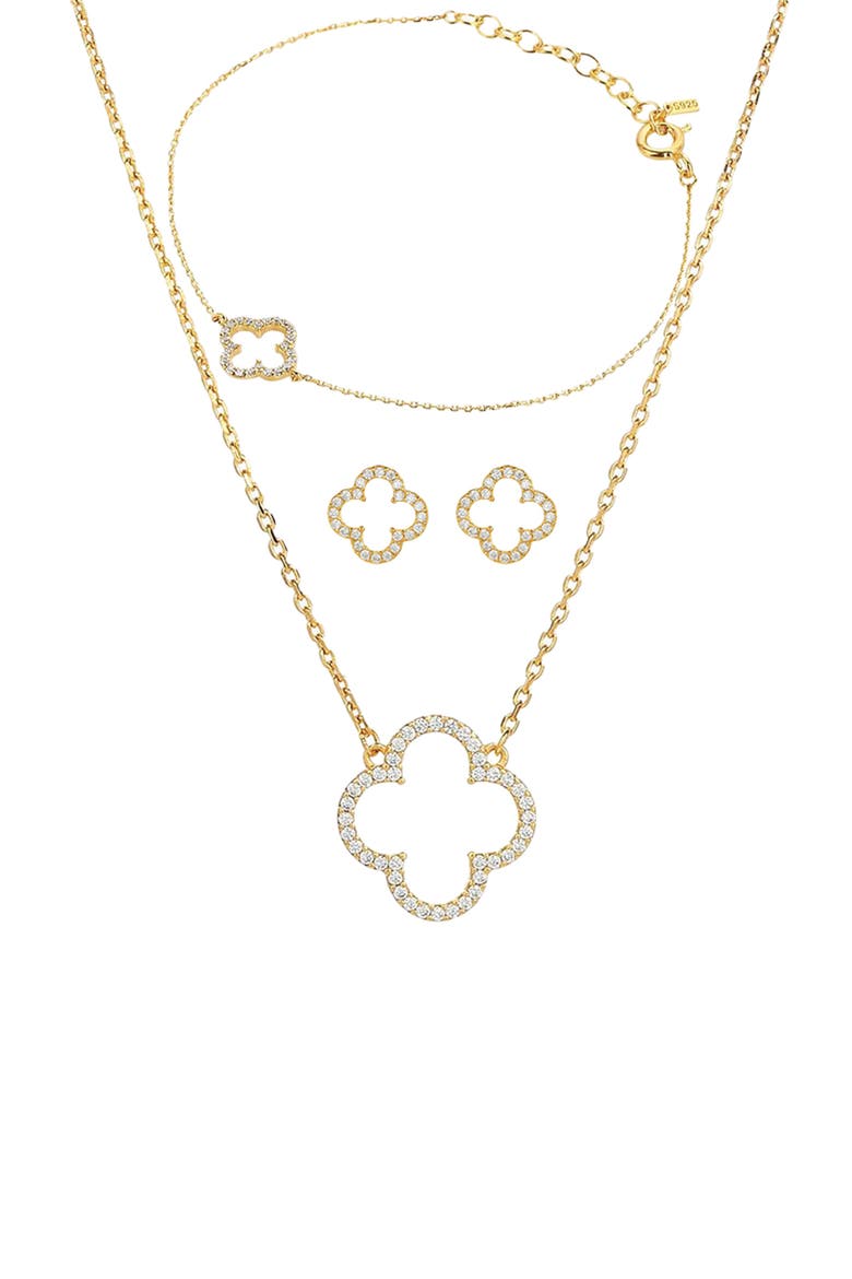 Sterling Silver 18k Gold Plated Aria Clover Necklace, Earring & Bracelet Set, Alternate, color, Gold