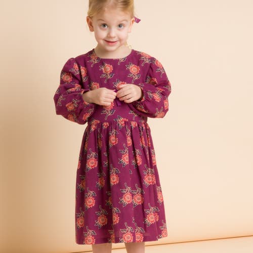 Beet World Girls' Long Sleeve Dress With Floral Motif In Purple & Red